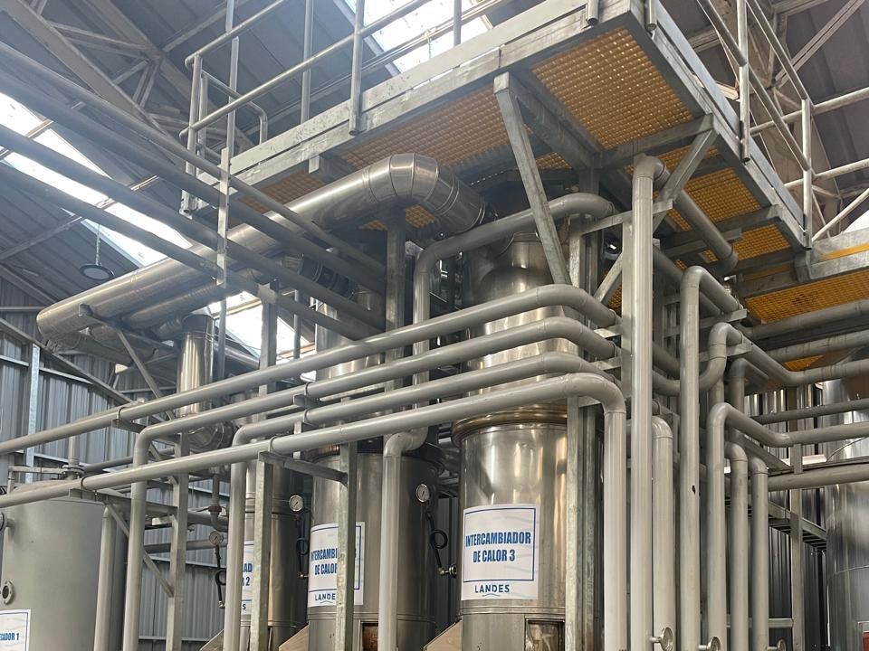 Plataforma elevada con parrilla y barandas sobre el piping de la planta refinadora de aceite de pescado